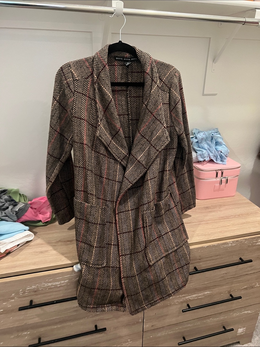 HYFVE Brown Herringbone Plaid Shawl Collar Trench Coatigan